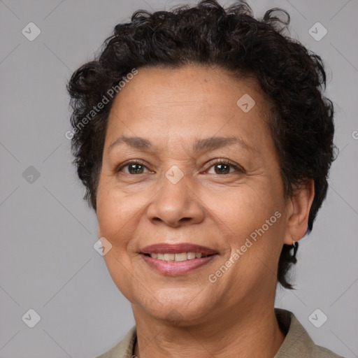 Joyful white adult female with short  brown hair and brown eyes