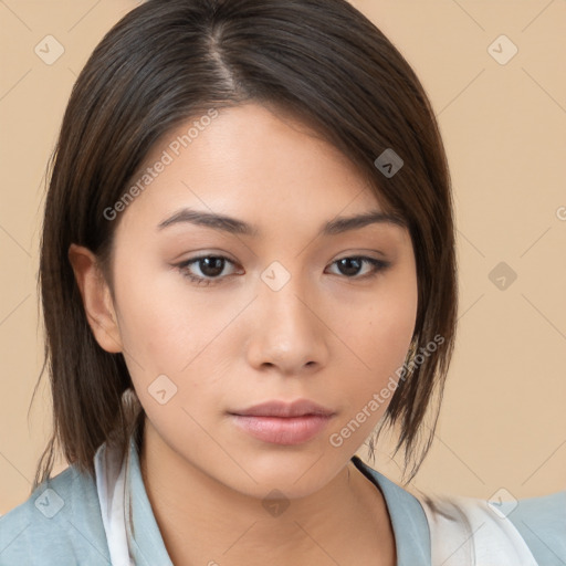 Neutral white young-adult female with medium  brown hair and brown eyes