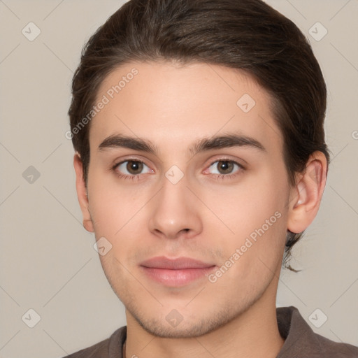 Neutral white young-adult male with short  brown hair and brown eyes