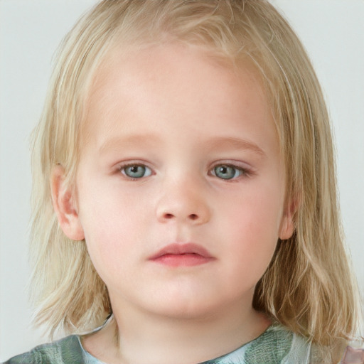 Neutral white child female with medium  blond hair and blue eyes