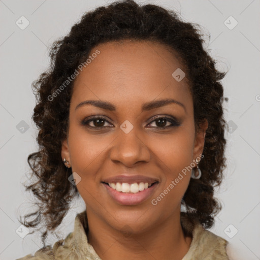 Joyful black young-adult female with medium  brown hair and brown eyes