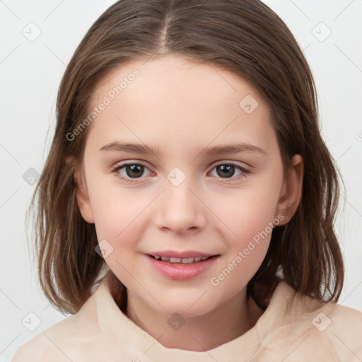 Joyful white child female with medium  brown hair and brown eyes