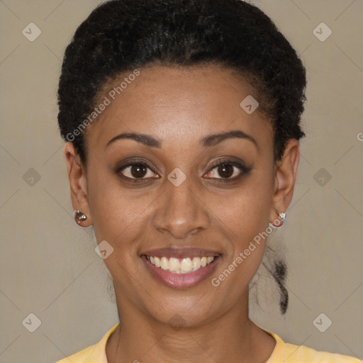 Joyful latino young-adult female with short  brown hair and brown eyes