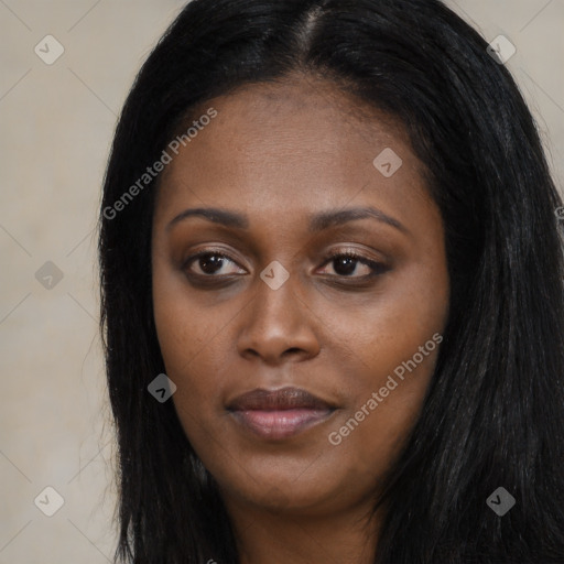 Joyful asian young-adult female with long  black hair and brown eyes