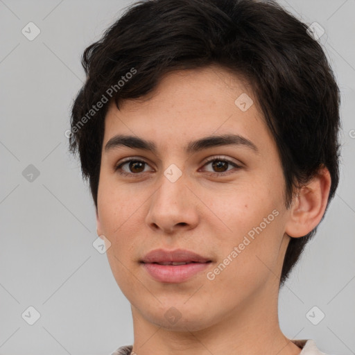 Joyful white young-adult female with short  brown hair and brown eyes