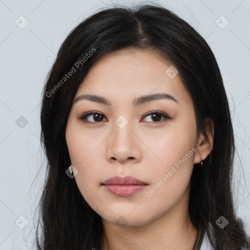 Neutral asian young-adult female with long  black hair and brown eyes