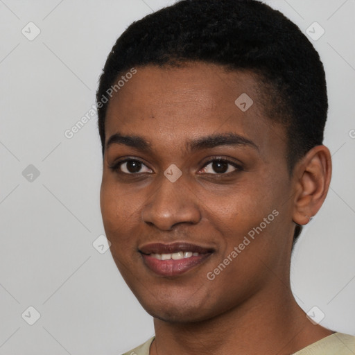 Joyful black young-adult female with short  black hair and brown eyes