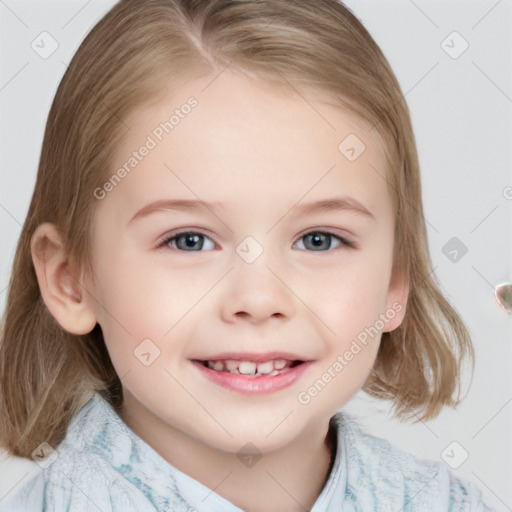 Joyful white child female with medium  brown hair and grey eyes