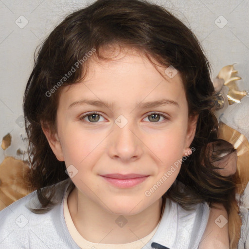 Joyful white child female with medium  brown hair and brown eyes