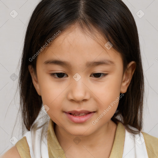 Joyful white child female with medium  brown hair and brown eyes