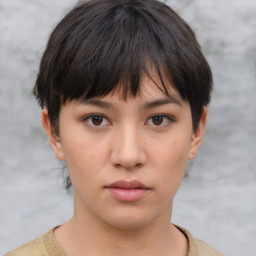 Neutral white young-adult female with short  brown hair and brown eyes
