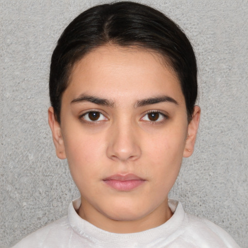 Neutral white young-adult female with short  brown hair and brown eyes