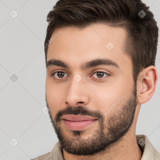 Neutral white young-adult male with short  brown hair and brown eyes