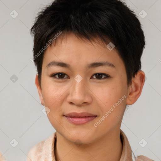 Joyful asian young-adult female with short  brown hair and brown eyes