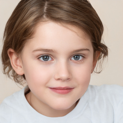 Joyful white child female with medium  brown hair and brown eyes