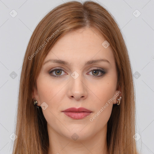 Joyful white young-adult female with long  brown hair and brown eyes