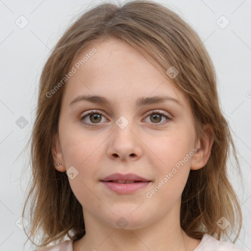 Neutral white young-adult female with medium  brown hair and grey eyes