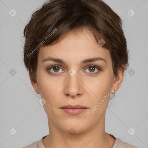 Neutral white young-adult female with short  brown hair and brown eyes