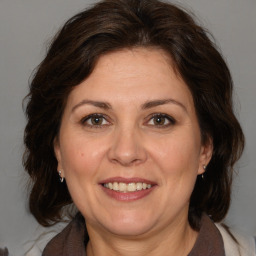 Joyful white adult female with medium  brown hair and brown eyes