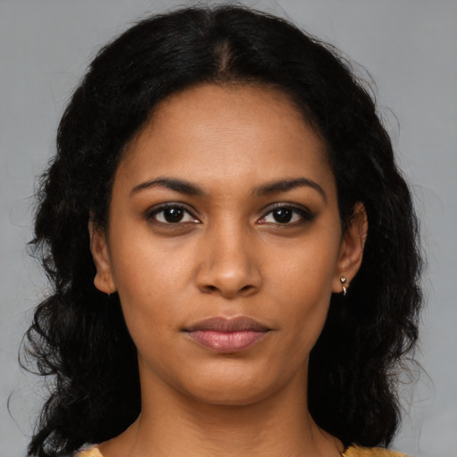 Neutral latino young-adult female with long  black hair and brown eyes