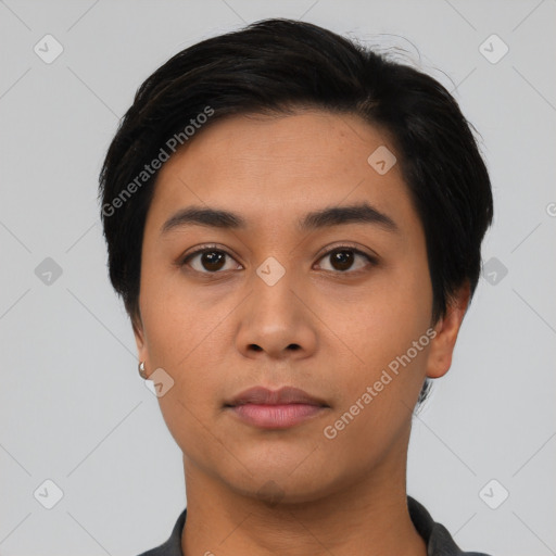 Neutral asian young-adult female with short  black hair and brown eyes