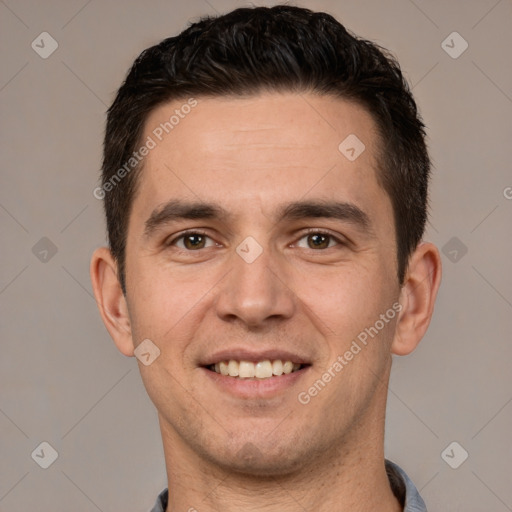 Joyful white young-adult male with short  brown hair and brown eyes