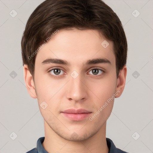 Neutral white young-adult male with short  brown hair and brown eyes