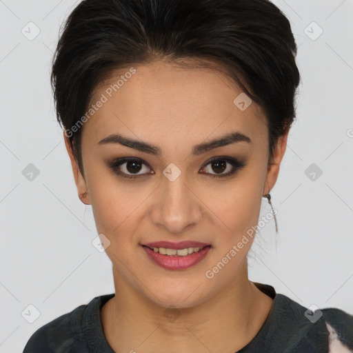 Joyful asian young-adult female with short  brown hair and brown eyes