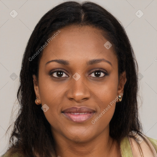 Joyful latino young-adult female with long  brown hair and brown eyes