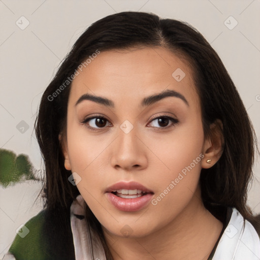 Neutral white young-adult female with medium  brown hair and brown eyes