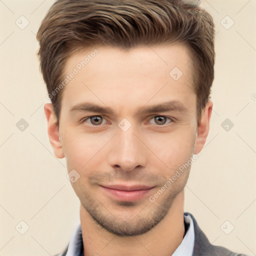 Neutral white young-adult male with short  brown hair and brown eyes