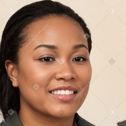 Joyful latino young-adult female with long  brown hair and brown eyes