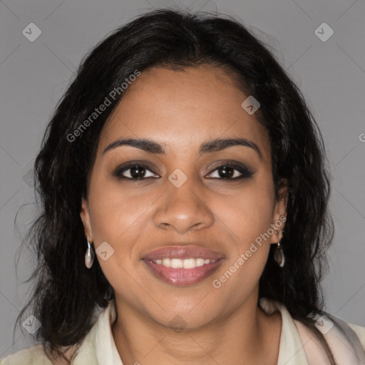 Joyful black young-adult female with medium  brown hair and brown eyes