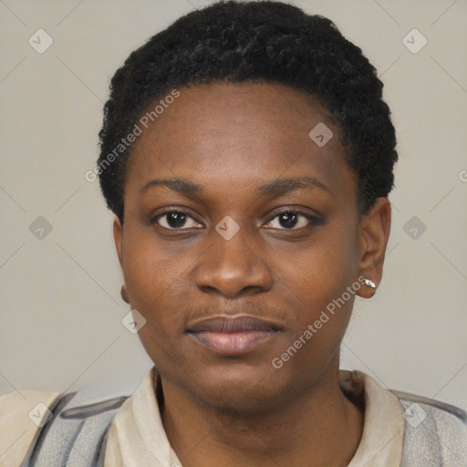 Neutral black young-adult female with short  black hair and brown eyes