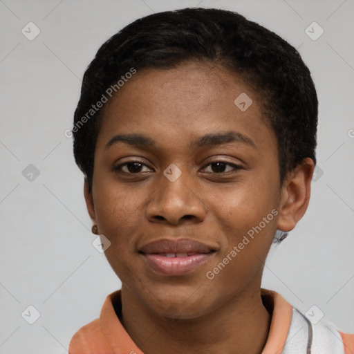 Joyful black young-adult female with short  black hair and brown eyes