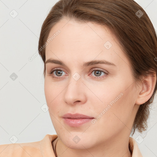 Neutral white young-adult female with medium  brown hair and grey eyes