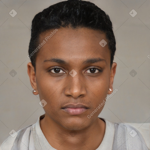 Neutral black young-adult male with short  black hair and brown eyes