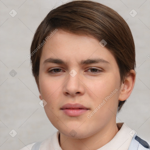 Neutral white young-adult female with short  brown hair and brown eyes