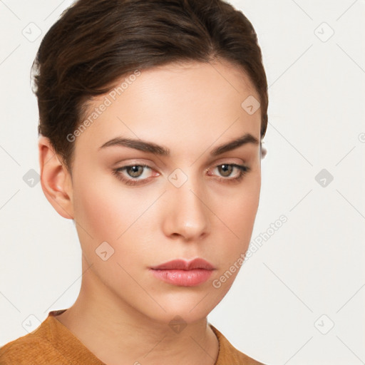 Neutral white young-adult female with short  brown hair and brown eyes