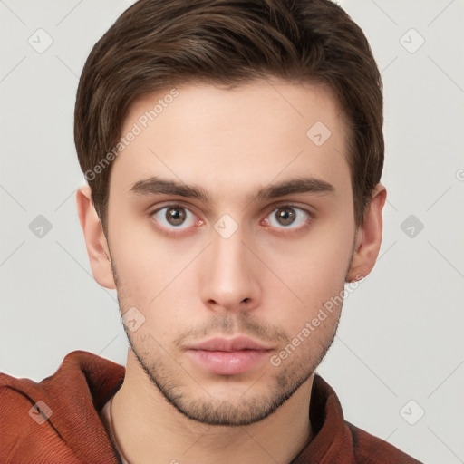 Neutral white young-adult male with short  brown hair and brown eyes