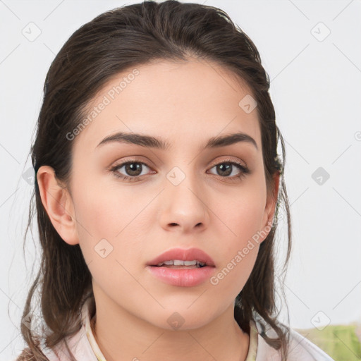 Neutral white young-adult female with medium  brown hair and brown eyes