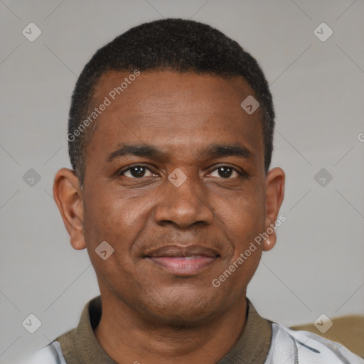 Joyful black young-adult male with short  black hair and brown eyes