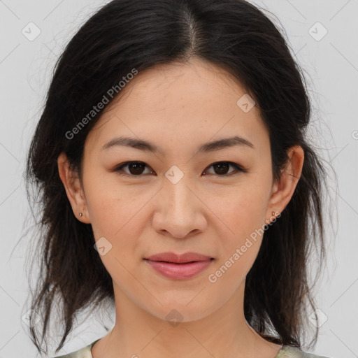 Joyful asian young-adult female with medium  brown hair and brown eyes