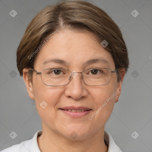 Joyful white adult female with short  brown hair and brown eyes