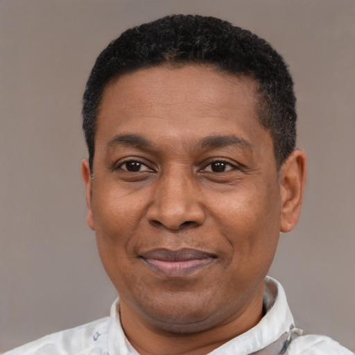 Joyful latino adult male with short  black hair and brown eyes