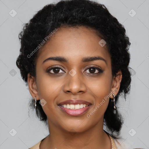 Joyful black young-adult female with medium  black hair and brown eyes