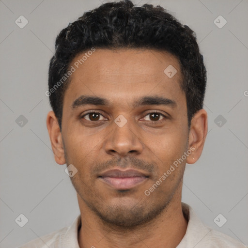 Neutral black young-adult male with short  black hair and brown eyes