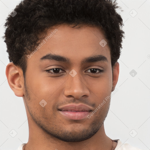 Joyful latino young-adult male with short  brown hair and brown eyes