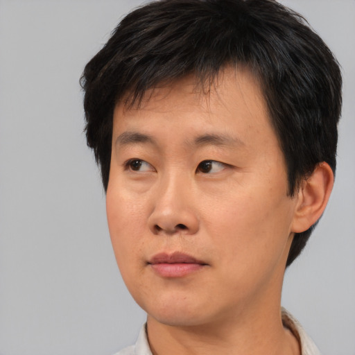 Neutral asian young-adult male with short  brown hair and brown eyes