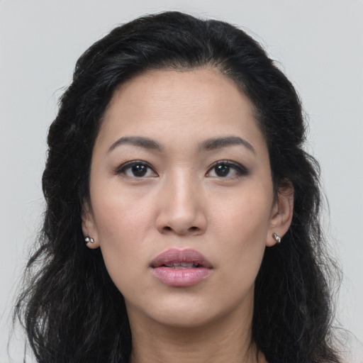 Neutral asian young-adult female with long  black hair and brown eyes